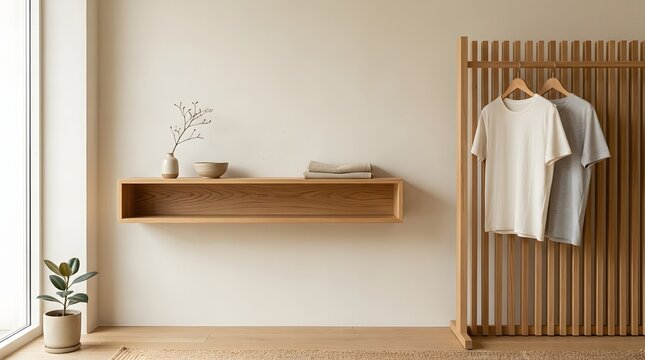 Minimalist wooden shelf and clothing rack in bright modern home interior with modern living