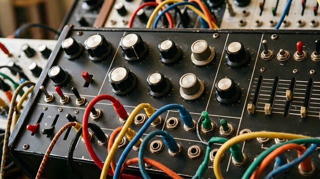 Vintage modular synthesizer featuring complex black control panels with colorful patch cables and various rotating knobs for detailed sound engineering