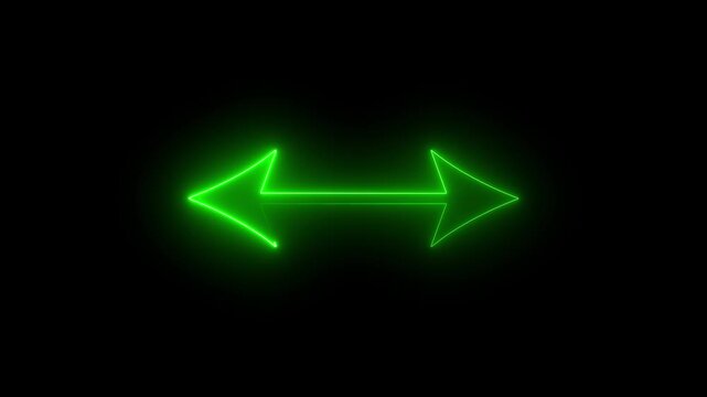 Glowing green neon double headed arrow sign isolated on a black background