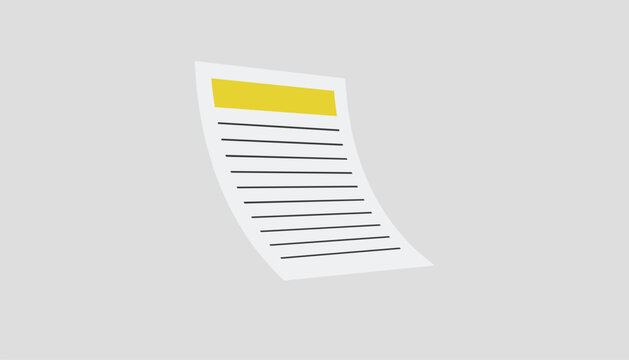 Floating paper document sheet with highlighted yellow header and mock text lines against light grey background.