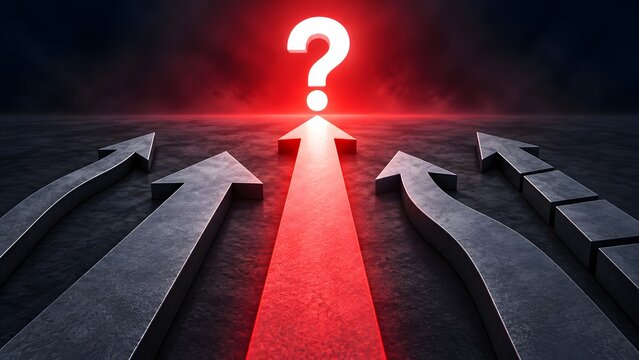 Strategic decision making concept with glowing red arrow facing illuminated question mark among grey directional arrows