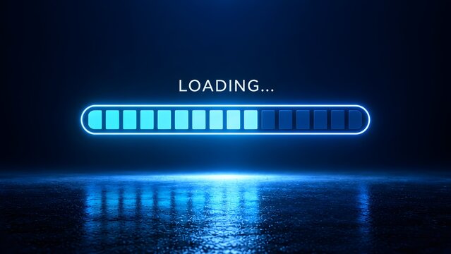 System update progress with glowing blue neon loading bar on dark reflective background symbolizing software installation