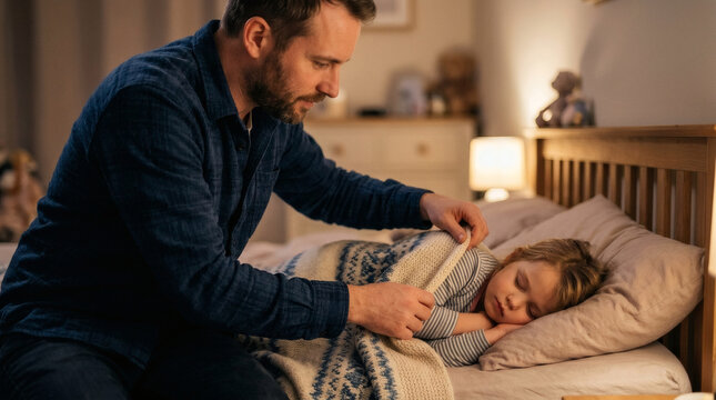 Father tucking in his sleeping child at night in a cozy bedroom