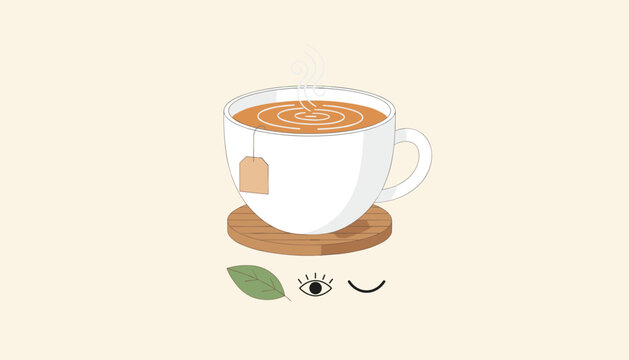 Hot tea mug on wooden coaster with tea bag, green leaf, and winking eyes representing relaxation and organic wellness.