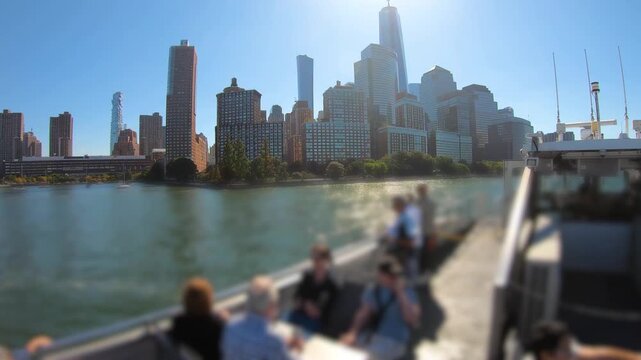 Boat ride along the Hudson River past Lower Manhattan, with the Manhattan skyline in the background and passengers in the foreground intentionally blurred to obscure identifiable people.