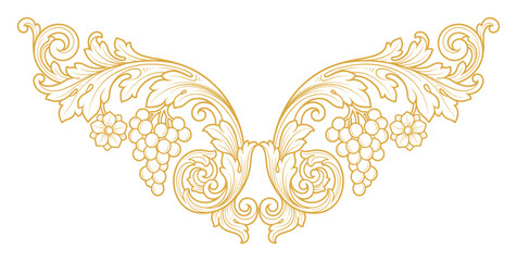 Obraz premium Golden baroque scroll corner vector with grape vines and acanthus leaves for invitations.