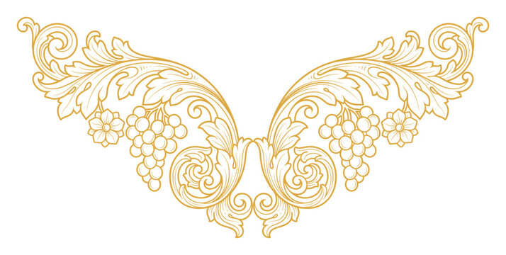 Golden baroque scroll corner vector with grape vines and acanthus leaves for invitations.