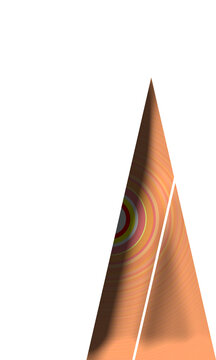 3D abstract orange cone geometric shape featuring colorful concentric circles and ripple pattern isolated on transparent background. Ideal for graphic design and web assets.