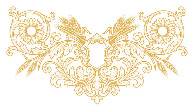 Golden wheat ornate decorative design element for harvest festival cards emblems borders.