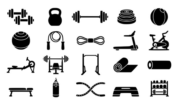 Gym Equipment and Kettlebell Black Silhouette Vector Icons