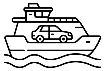 Obraz premium Ferry boat icon with a car on deck, vehicle transport vessel