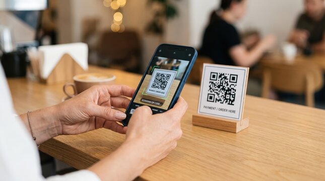 Close-up of hands using smartphone to scan QR code for payment or ordering at a cafe table, contactless transaction technology in a cozy restaurant environment.