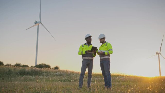 Male engineer holding tablet and standing with colleague in helmet carrying blueprint. Both wearing reflective jackets discussing renewable energy project outdoors near wind turbine at sunset.