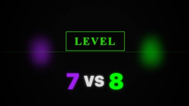 Neon gaming graphics displaying Level 7 vs 8 text on a dark background, ideal for e-sports matches, gaming streams and video game reviews.