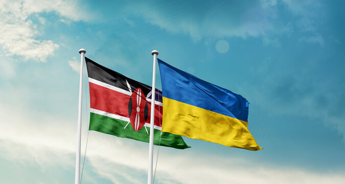 Kenya Ukraine friendship flags are waving in the sky. Two country flag for agreement or deal. Kenya Ukraine national flag for commitment.