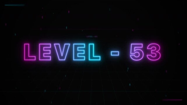 Neon glowing text level 53 on a dark retro grid background with cyber particles, ideal for gaming, esports and arcade promotions.