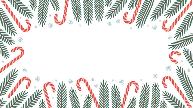 Christmas holiday frame featuring pine boughs and candy canes on a white background