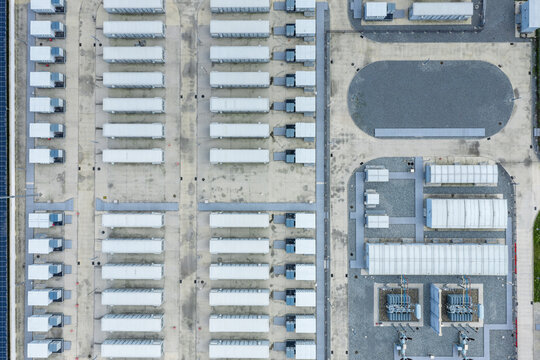Aerial Top View Of Industrial Energy Storage Station And Substation