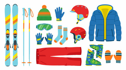 Fototapeta premium Flat vector illustration of winter sports equipment and apparel set