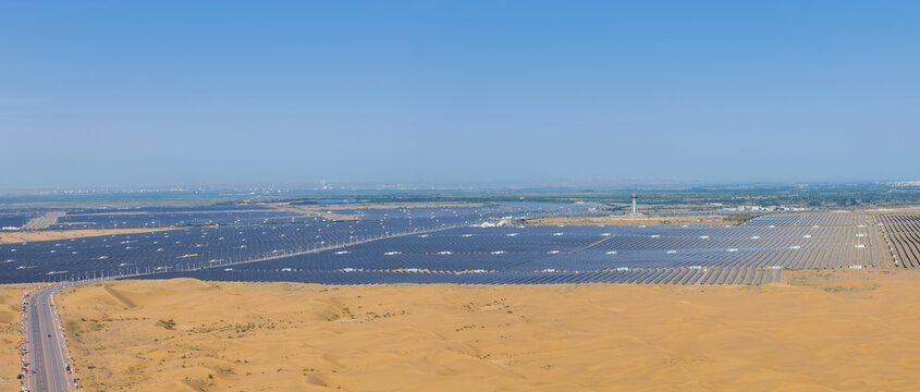 Aerial View Of Solar Power Plant In Tengger Desert, Ningxia