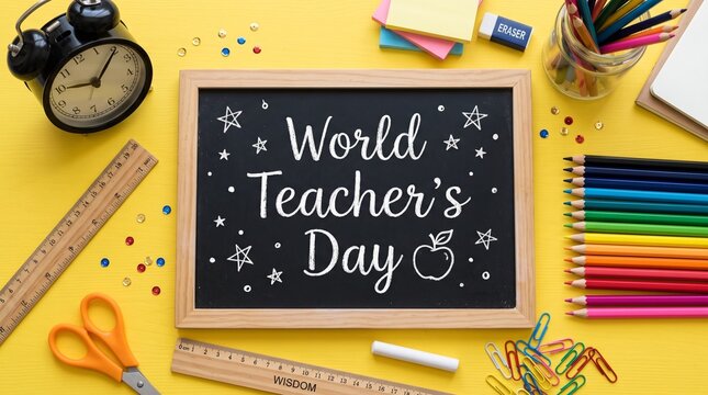 World Teacher's Day greeting on chalkboard, school supplies on yellow background, educational flat lay with stationery and alarm clock