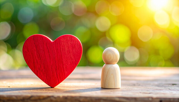 Red heart beside small wooden human figure, blurred natural background. Mental wellbeing, family support and emotional care. Close-up.