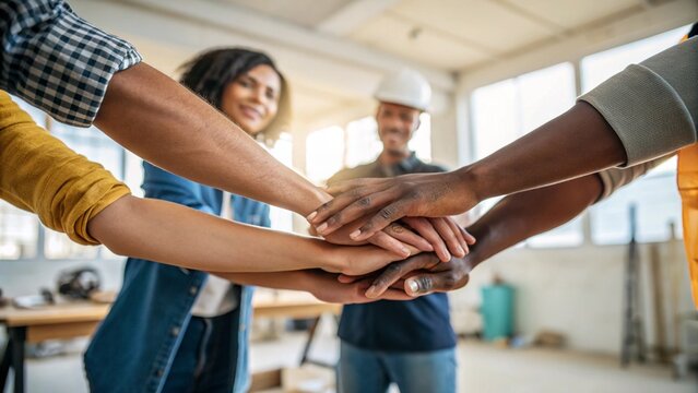 Diverse team stacking hands together in unity