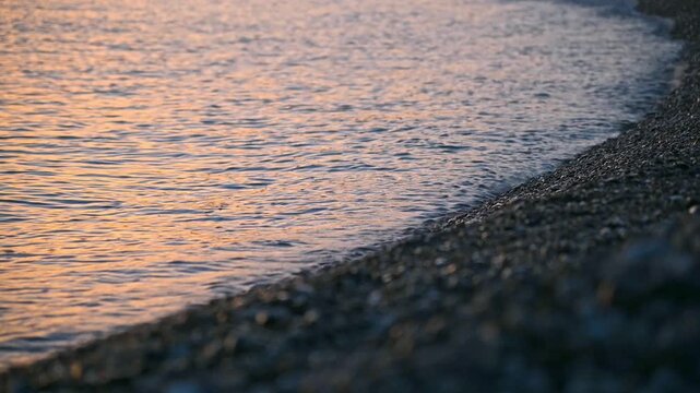 Small waves lapping pebbled shoreline with warm golden reflection at sunset