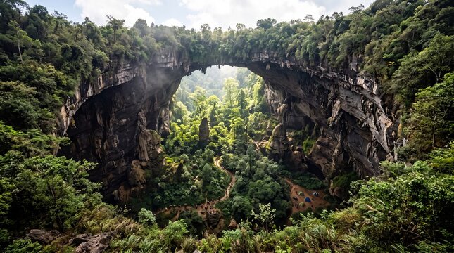 Aerial View of Son Doong Cave Doline Collapse with Subterranean Jungle Landscape Vietnam