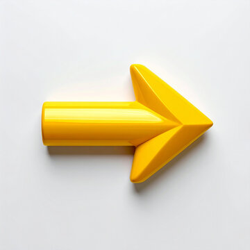 Smooth yellow directional arrow facing right, isolated on white backdrop. Navigation and direction concept. Close-up.