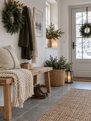 Obraz premium Decoración navideña en la entrada de una casa con un ambiente acogedor y detalles de invierno