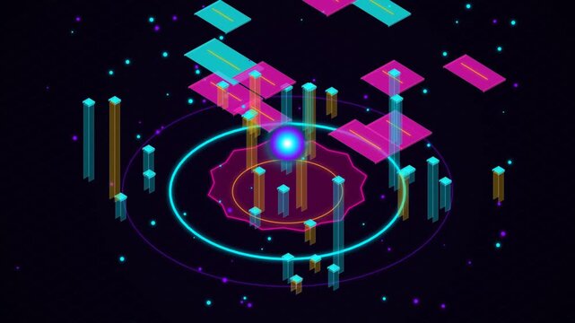 Futuristic isometric technology data visualization with glowing network charts on black background