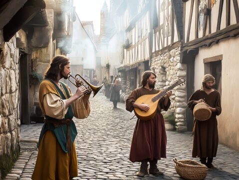 Medieval Traveling Musicians Performing at Dawn in Northern European Market