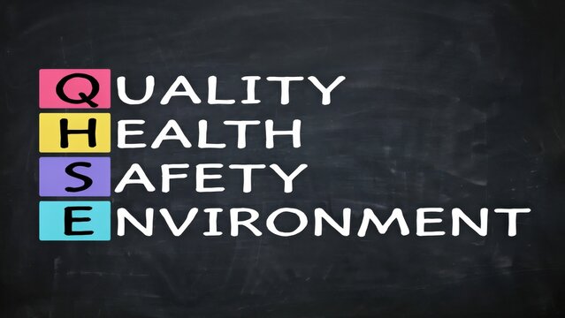 Colorful QHSE acronym written on a black chalkboard with colorful blocks. Safety management concept for industrial training and corporate compliance.