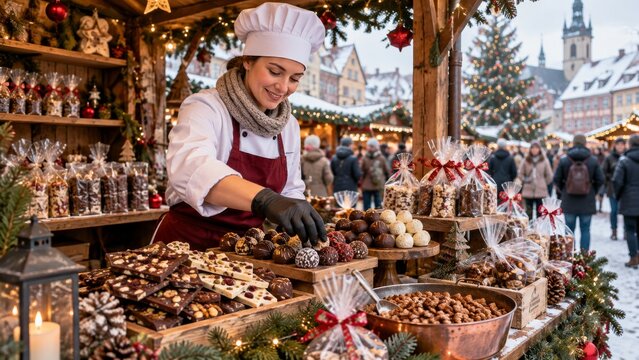 Mercado navide&ntilde;o en un pueblo con venta de dulces y chocolates
