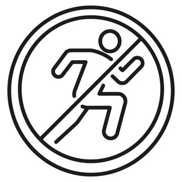 No running sign icon, a black outline symbol of a person running inside a circle with a diagonal line across it, representing a prohibition of running in a specific area