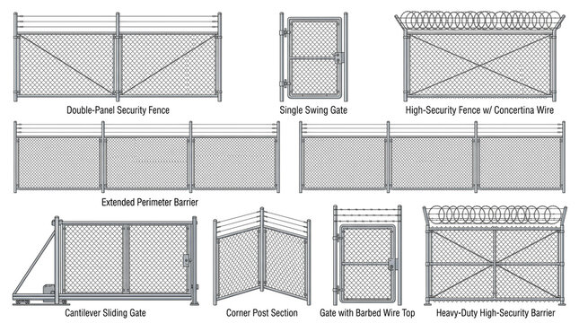 Chain-link security fence and gate vector diagram set Human-Refined | Quality Checked