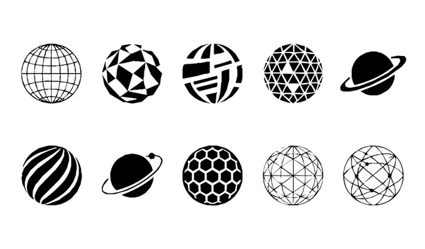 Abstract Globe Logo Set Vector, Geometric Planet Sphere Symbols Collection
