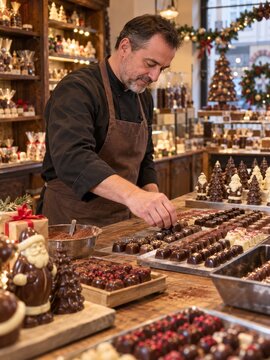 Un chocolateadero prepara dulces para la celebraci&oacute;n de Navidad en una tienda decorada en una ciudad europea