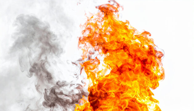 Tall vivid flames in rich red, orange and yellow tones blending into billowing white and gray smoke, clean white backdrop, dramatic isolated composition. Close-up.