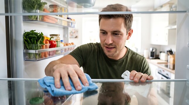 Man cleaning the inside of a refrigerator with a blue cloth, surrounded by fresh food and condiments.