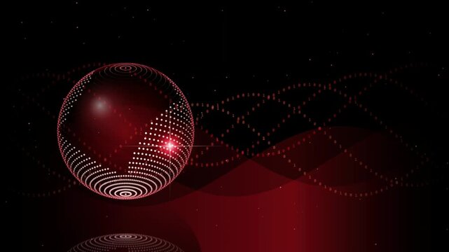 Red digital globe rotating on an abstract background with binary data waves and glowing lights