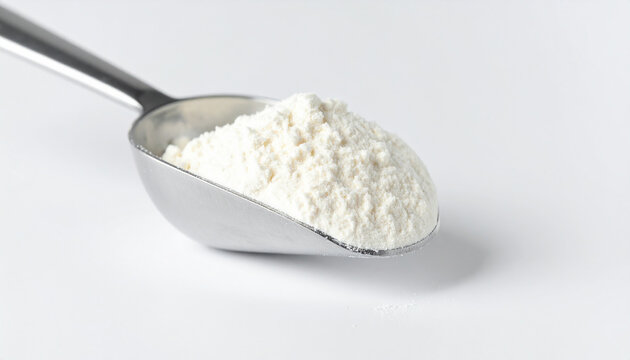 White nutritional powder in metal scoop, fine texture, white backdrop, food ingredient and supplement concept. Close-up.