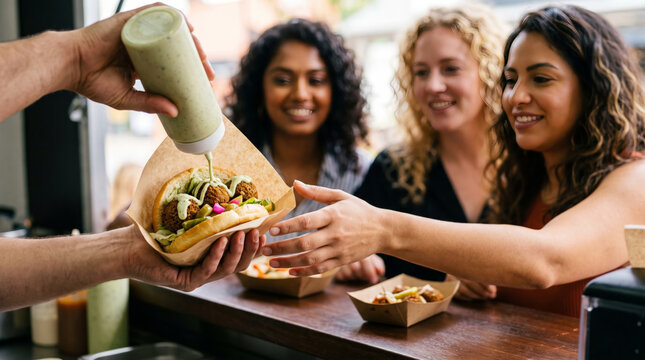 Street food vendor adding sauce to falafel sandwich for happy customers