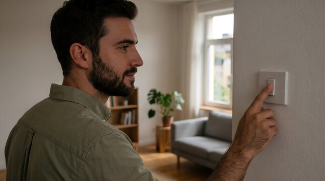 A man in a casual shirt is about to flip a light switch on a wall in a well-lit room.