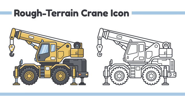 Yellow heavy duty rough terrain crane illustration and outline vector icon of mobile construction machinery equipment with telescopic boom crane hook and outriggers on wheels