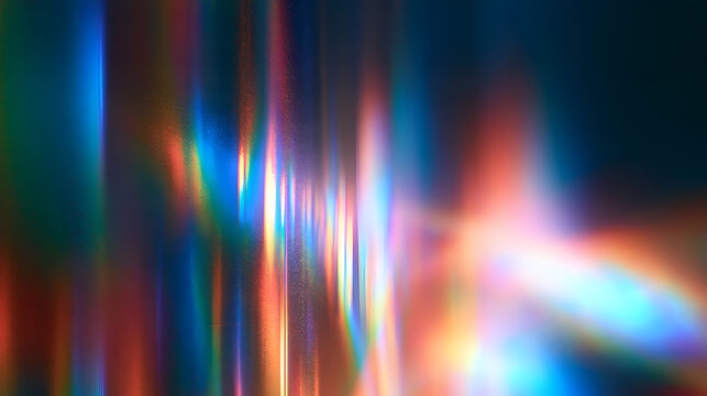 Holographic rainbow light leak overlay featuring iridescent prism reflections, glowing spectral streaks, cinematic film grain and dreamy optical flare, abstract futuristic background