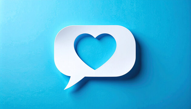 White paper speech bubble with heart shape, layered cut-paper design on bright blue backdrop, minimalist communication concept. Close-up.