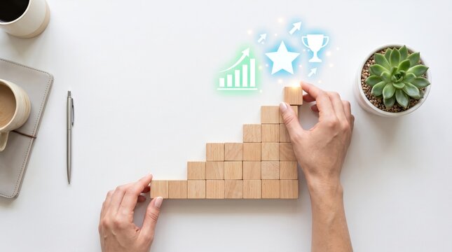 Hands building wooden block stairs representing business growth and success strategy, achievement goals concept with glowing icons of trophy star and graph on white desk