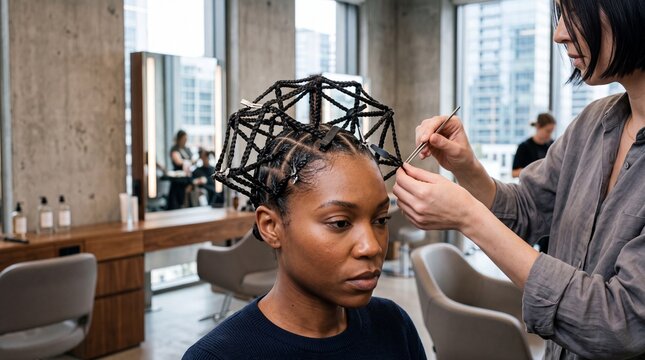 Professional hairstylist creating intricate scaffolding braids on client during architectural style hair design session in modern salon interior with natural lighting and city view.